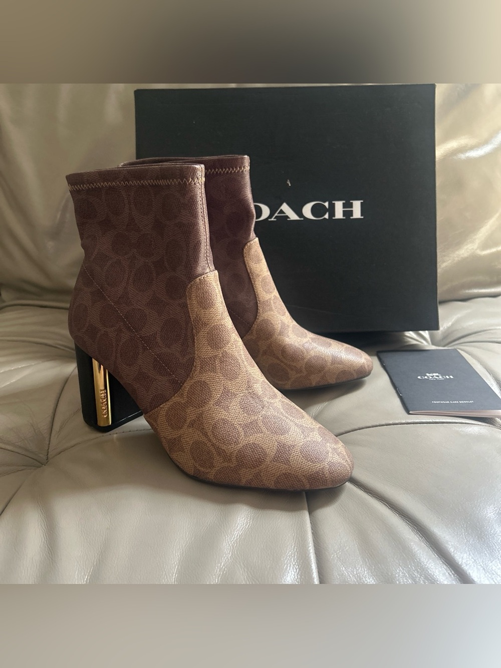 COACH Brown Signature Logo Ankle Boots with Gold Block Heel
